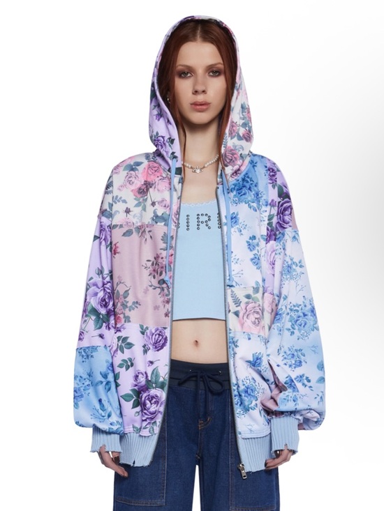 dELiA*s Pastel Patchwork Floral Shades Of Cool Zip Hoodie Pink Blue S NWOT - Picture 4 of 15